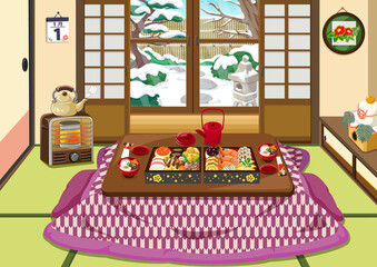 お正月素材　日本の正月風景　和室　炬燵