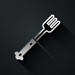 Silver Fork icon isolated on black background. Cutlery symbol. Long shadow style. Vector.