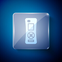 White Remote control icon isolated on blue background. Square glass panels. Vector.