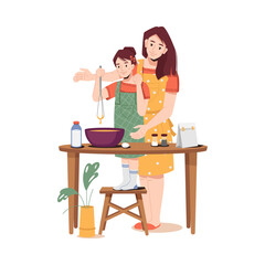 Mother teachers daughter to cook, girl helping mum with cooking. Vector woman and young lady making dough together, mixing flour on table to bake cake or bread. Milk, egg, salt or sugar on desk