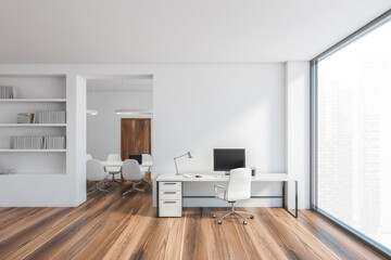 Office room interior, white open space room with bright minimalist furniture