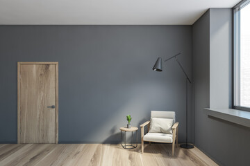 Hall with white chair and mockup copy space, lamp in the light grey room