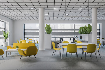 Yellow office waiting room with sofas