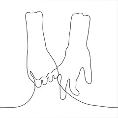 two people are cute holding hands. one line drawing of a hand of two personalities holding a finger. Concept for cute, kawaii, close intimate relationship, friendship, love