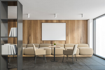 White and wooden office waiting room with poster