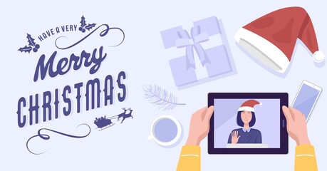 Top view of a man having video conference on tablet with his girlfriend at home on Christmas holiday. Vector