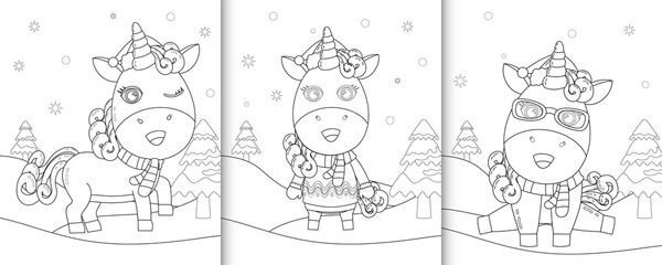 Fototapeta na wymiar coloring book with cute unicorn christmas characters