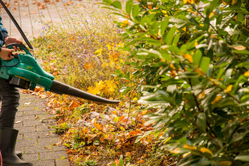 Removal of autumn leaves on the pavement with leaf blower
