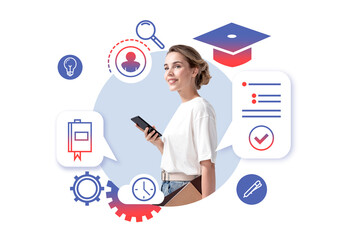 Woman with smartphone and education icons