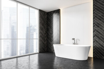 Naklejka na ściany i meble Modern white bath in a big bathroom with backlight, tile black wall on the side