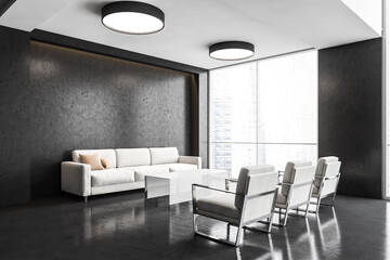 Business office interior with white sofa and black walls, lobby waiting room