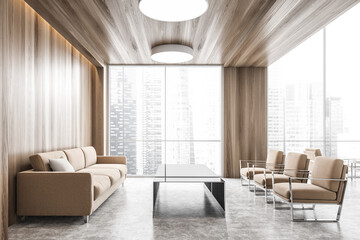 Business office interior with brown sofa and wooden walls, lobby waiting room