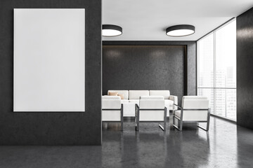 Business office interior with blank canvas, white furniture and dark walls