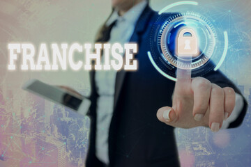 Text sign showing Franchise. Business photo text right or license granted to an individual or group...