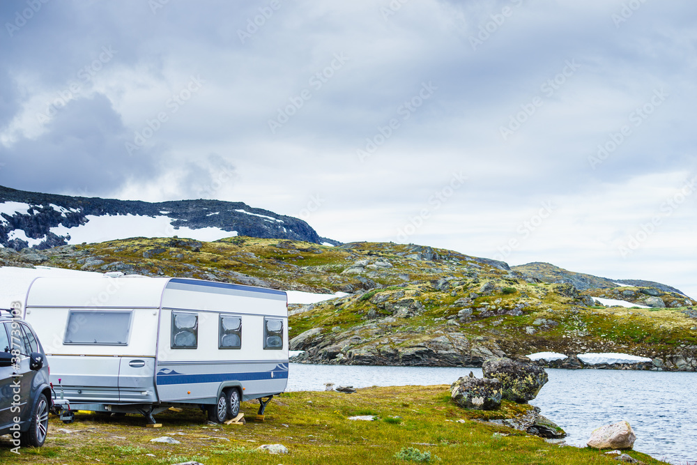 Sticker camper trailer in mountains, norway