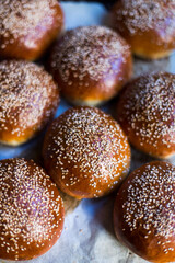 close up of burger buns with sesame seeds