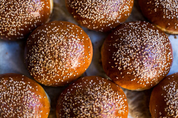 close up of burger buns with sesame
