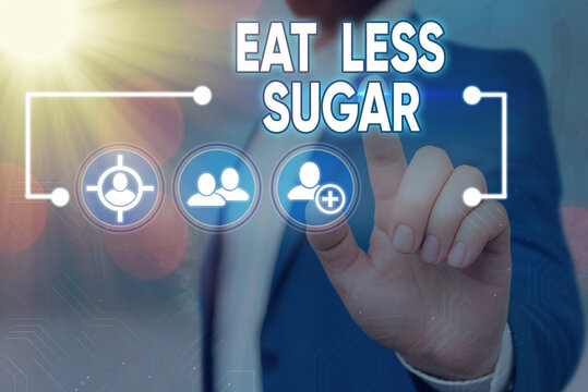 Handwriting Text Writing Eat Less Sugar. Conceptual Photo Reducing Sugar Intake And Eating A Healthful Diet Rich Foods Information Digital Technology Network Connection Infographic Elements Icon