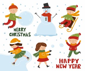 Kids winter activity. Boys and girls playing outdors, sledding, building a snowman, playing snowballs and skating, children leisure new year poster and christmas postcard, vector cartoon illustration