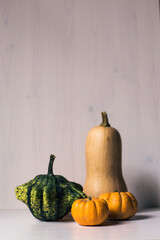 a bunch of autumnal pumkins on a white background