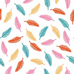 Fototapeta na wymiar Feather simple minimalistic seamless pattern graphic design for paper, textile print, page fill. Floral background with hand drawn bright leaf. Botanical doodle vector illustration