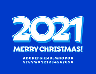 Vector funny greeting card Merry Christmas 2021! White and Blue creative Font. Playful Alphabet Letters and Numbers for Kids