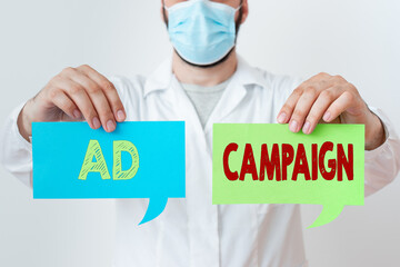 Word writing text Ad Campaign. Business photo showcasing promotion of specific product or service...