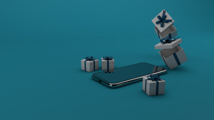 Cyber Monday Sale background with smartphone and gifts. 3d Render