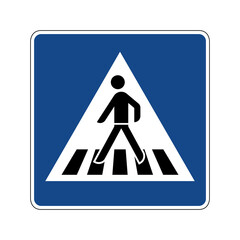 Pedestrian crosswalk road sign. Vector illustration of blue square traffic sign with human crossing street icon inside. Drivers must give way to pedestrians. Pedestrian crossing symbol.