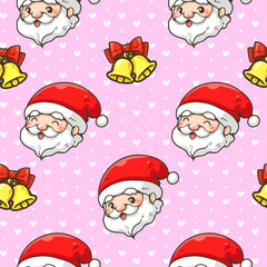 Seamless pattern of smiling Santa Claus face with bell, white polka dots and white heart on pink background. Used for greeting card. Cute decoration for sticker, logo, pattern, and more.