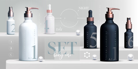 Vector 3D elegant cosmetic products set background premium cream jar for skin care products. Luxury facial cream. Cosmetic ads flyer or banner design. Cosmetic cream template. Makeup products brand.