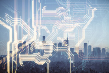Double exposure of technology theme hologram and cityscape background. Concept of Hightech.