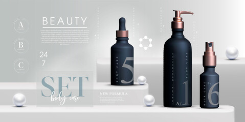 Vector 3D elegant cosmetic products set background premium cream jar for skin care products. Luxury facial cream. Cosmetic ads flyer or banner design. Cosmetic cream template. Makeup products brand.