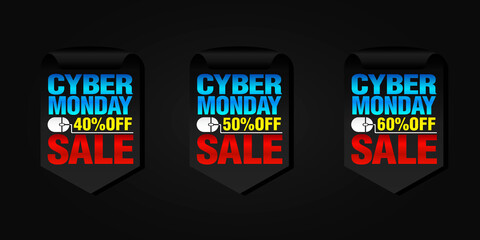 Cyber monday set of sale badges 40%, 50%, 60% off. Vector illustration
