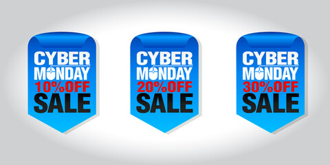 Cyber monday sale set of badges 10%, 20%, 30% off. Vector illustrration