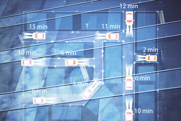 Obraz premium Double exposure of transport theme hologram drawing and city view background. Concept autopilot.