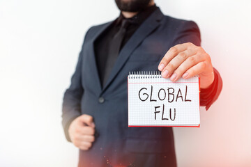 Text sign showing Global Flu. Business photo text Common communicable illness spreading over the...