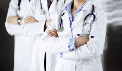 Group of modern doctors standing as a team with arms crossed in hospital office and ready to help patients. Medical help, insurance in health care, best disease treatment and medicine concept