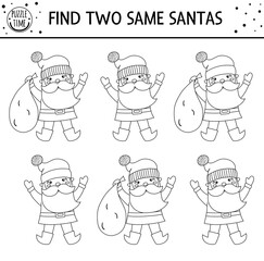 Find two same Santas. Christmas matching activity for children. Funny educational winter logical quiz worksheet for kids. Simple printable New Year game with Santa Claus.