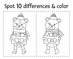 Christmas find differences and color game for children. Winter black and white educational activity with funny bear. Printable worksheet with smiling character. Cute New Year coloring page for kids.