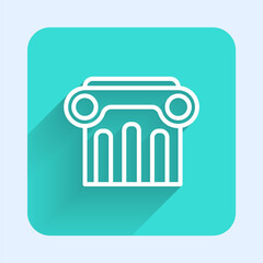 White line Law pillar icon isolated with long shadow. Green square button. Vector.