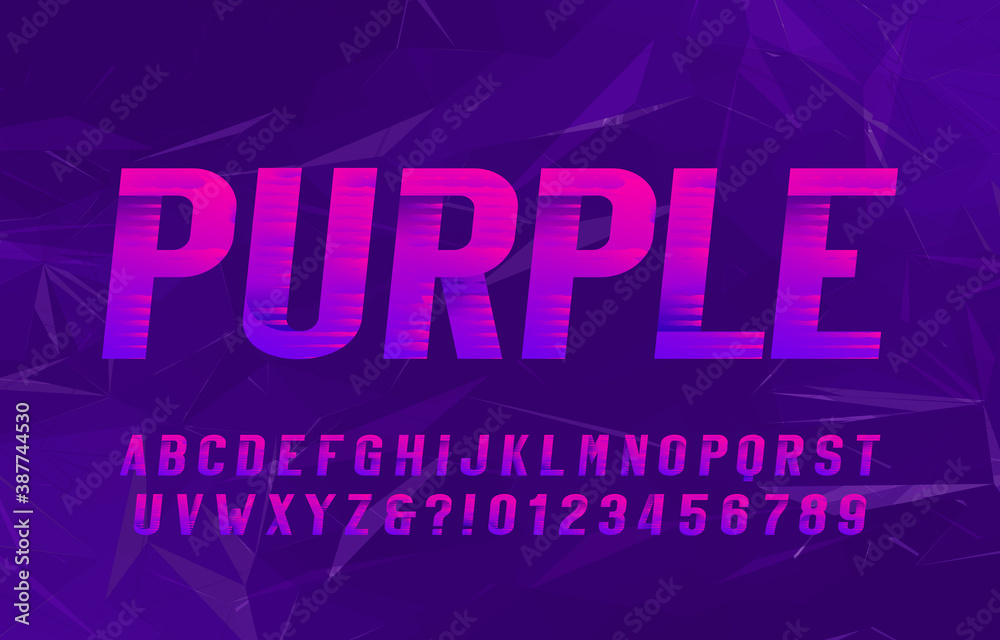 Fototapete purple alphabet font. italic type letters and numbers. abstract background. stock vector typeface fo