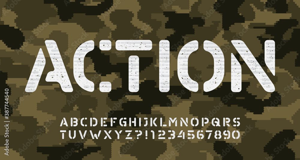 Fototapete action alphabet font. stencil type letters and numbers on textile camo background. vector typography