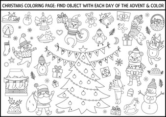 Vector black and white Christmas coloring page and advent calendar with traditional holiday symbols. Cute winter planner for kids. Festive poster design with Santa Claus, fir tree, deer, animals.