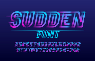 Sudden alphabet font. Fast speed effect letters and numbers. Stock vector typescript for your design in sport style.