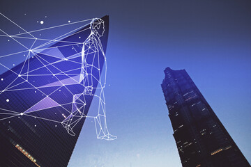 Double exposure of start up theme drawings over cityscape background. Concept of success.