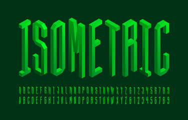 3D isometric alphabet font. 3d condensed letters and numbers. Stock vector typescript for your typography design.