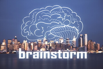 Obraz premium Double exposure of start up theme drawings over cityscape background. Concept of success.