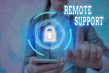 Text sign showing Remote Support. Business photo text type of secure service, which permits...