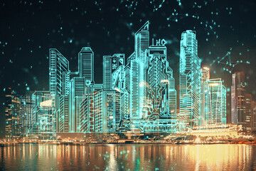 Double exposure of buildings hologram over cityscape background. Concept of smart city.
